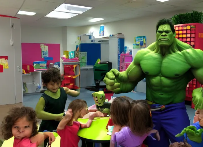 Prompt: the hulk working at a daycare