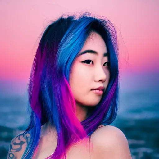 Prompt: beautiful asian girl with tattoo's and blue pink purple hair looking in the camera with misty and glowing sunset background, new wave, portrait, 8 k, digital art