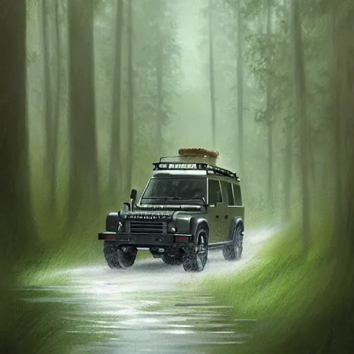 Image similar to a landrover crossing a forest path while its raining, digital art, artstation, photgraphy, highly detailed, digital painting, artstation, concept art, sharp focus, illustration, art by greg rutkowski and artgerm