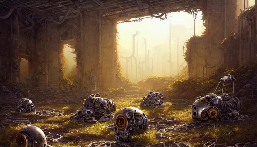 Image similar to dead robots in ancient sci - fi ruins, gray wasteland, rusted junk, rubble, pillars, flowers, vines, hyperrealistic, highly detailed, cinematic, single ray of golden sunlight, beautiful, cgssociety, artstation, 8 k, oil painting by greg rutkowski, by artgerm, by wlop