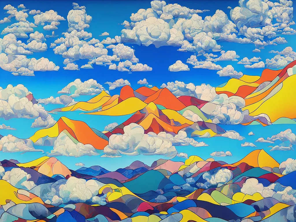 Prompt: hyperrealism general plan composition on the borders of the picture mountains, clouds, trees, sea and waves, empty space in the middle, pop - art style, jacky tsai style, acrylic on canvas