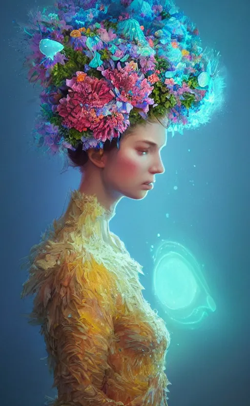 Image similar to a beautiful oil painting hyperrealism of a beautiful woman, flowers, floral headdress, 8 k resolution, octane render, trending on artstation, by gediminas pranckevicius, volumetric light 2 blue fractal thunder glow by dan mumford, anaglyph effect, laurie lipton