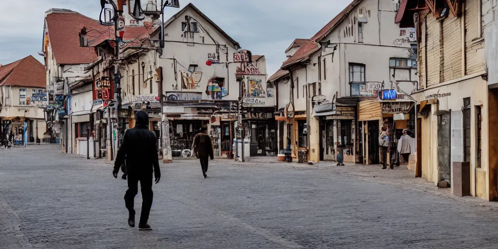 Image similar to a man walking in the town, wide - shot, professional color photograph