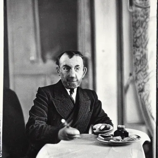 Prompt: photograph of a frenchman seated at a table with a bottle of wine in 1 9 4 0. colorful, award winning photography, 5 0 mm, extremely detailed face