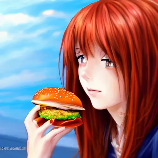 Image similar to a girl eating a hamburger, red hair, anime art, detailed, hd, smooth