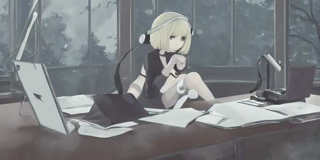 Prompt: 2b from nier automata sitting at a desk studying with headphones on in front of a laptop, background is a tinted window looking out into a white church, Ghibli studio art, high quality anime, photoshop, digital art, detailed facial features, imaginary slice of life