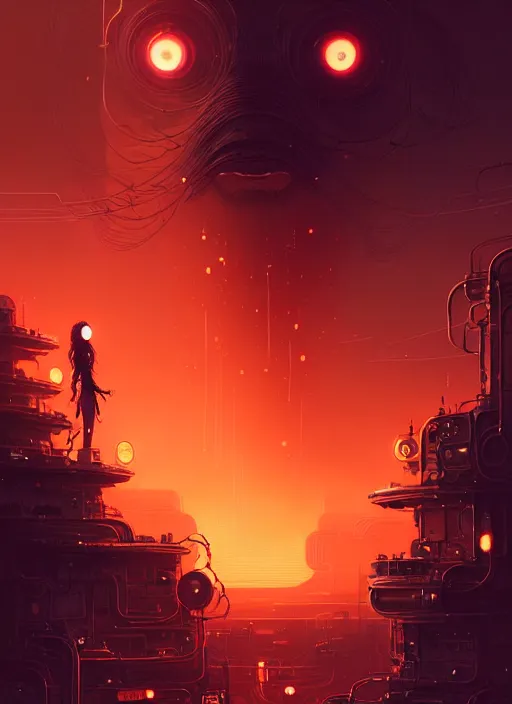 Image similar to highly detailed portrait of sci - fi long curly fire hair lady, stray wiring by atey ghailan, james gilleard, by joe fenton, by greg rutkowski, by greg tocchini, by kaethe butcher, 4 k resolution, gradient red, orange, black and white color scheme!!! ( ( flaming robotic dystopian city spiral background ) )