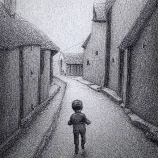 Image similar to rich detailed pencil drawing of little nicholas walking along a lonely village street, by jean - jacques sempe