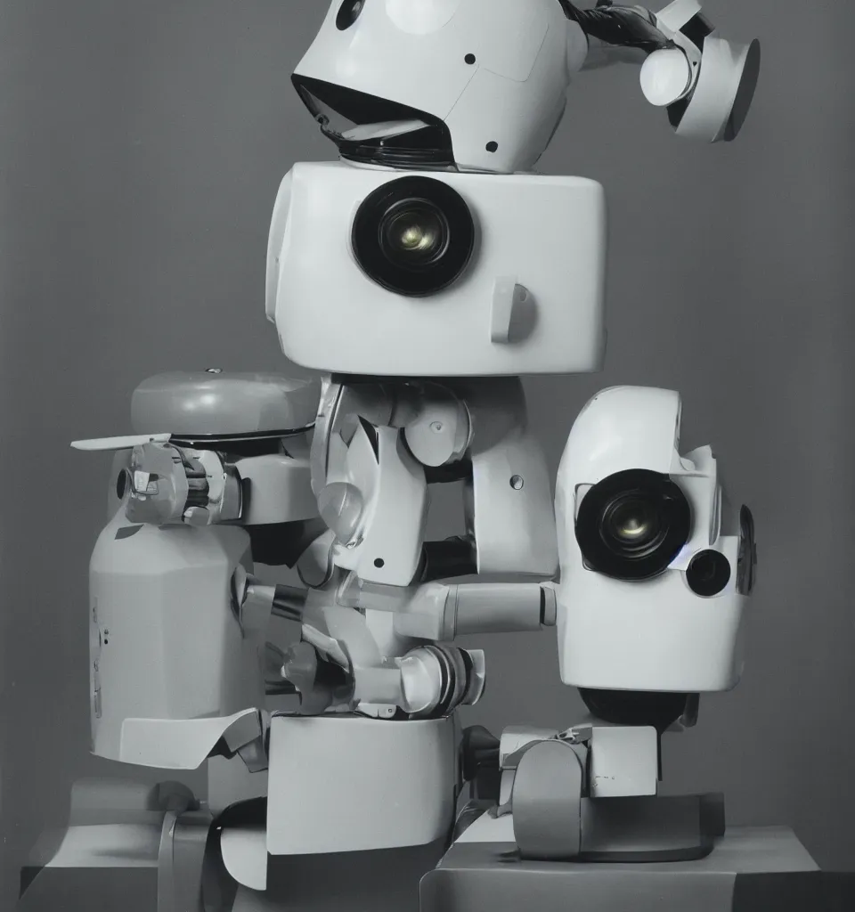 Image similar to an 80's studio portrait photo of a robot head designed by Dieter Rams, 50mm, pentax, film