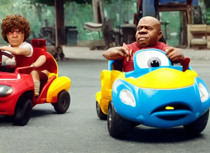 Image similar to peter dinklage racing gary coleman driving a little tikes cars, movie still, from the new fast and furious movie, 8 k, realistic