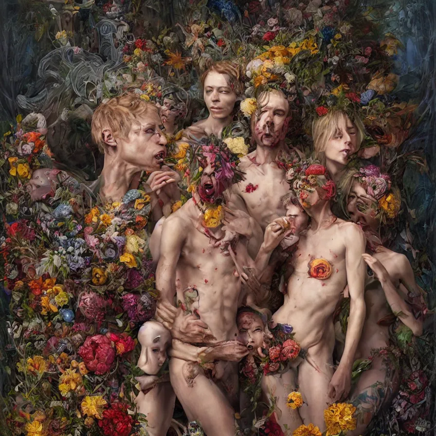 Image similar to male portrait of anorexic family eating rotten flesh and puking blood wearing a thong, surrounded by flowers by karol bak, james jean, tom bagshaw, rococo, trending on artstation, cinematic lighting, hyper realism, dramatic, emotional, octane render, 8 k, hyper detailed.