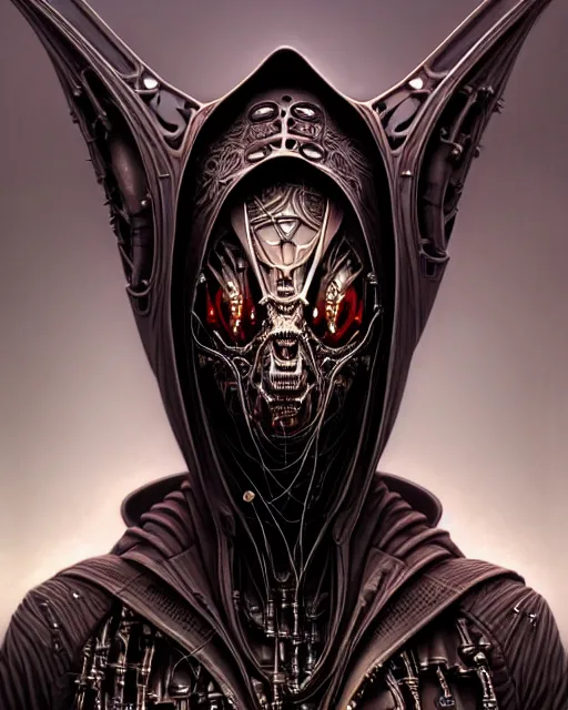 Image similar to front shot of a cyberpunk hooded dead biomechanical demon mastermind character, intricate, elegant, highly detailed, centered, (((artstation, concept art, smooth, sharp focus, artgerm, Tomasz Alen Kopera, Peter Mohrbacher, donato giancola, Joseph Christian Leyendecker, WLOP, Boris Vallejo))), mugshot!!!!!, ugly!!!!!!, octane render, nvidia raytracing demo, grainy, muted