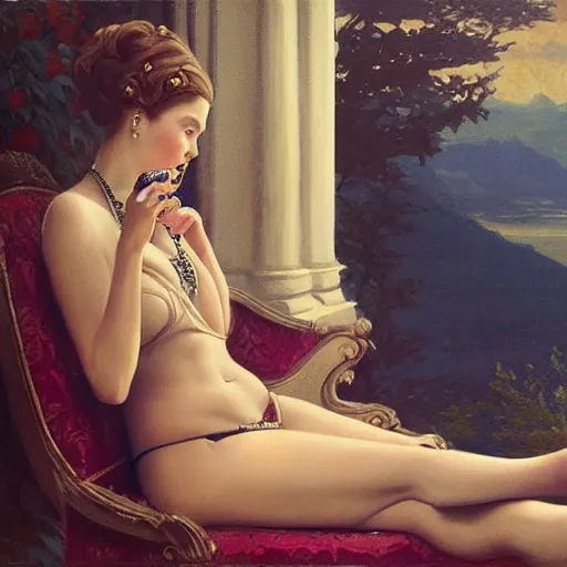 Prompt: queen elizabeth smoking a blunt in a swimsuit, royal interior, highly detailed painting extremely beautiful and aesthetic and detailed, with familiar sprites, chiaroscuro, intricate, masterpiece, fantasy illustrations by ilya kuvshinov and jeremy lipking and quentin mabille