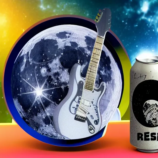 Prompt: a photo of a detailed, realistic, regular sized, sitting idle electric guitar next to an idle beer can next to an astronaut sitting on the moon surface. detailed photo. realistic photo