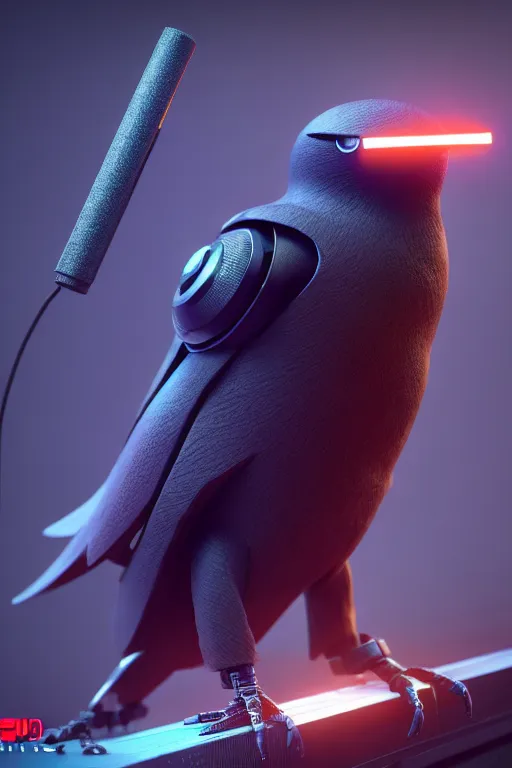 Image similar to high quality 3 d render very cute cyborg crow! next to microphone!, cyberpunk highly detailed, unreal engine cinematic smooth, in the style of blade runner & detective pikachu, hannah yata charlie immer, moody light, low angle, uhd 8 k, sharp focus