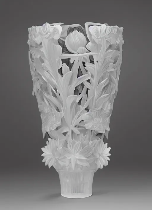Prompt: Escher inspired flowerpot, with flowers, designed by Rene Lalique