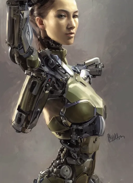 Image similar to a professional painting of a beautiful young female, clothed in stealth armor, cybernetic implants, olive skin, long dark hair, beautiful bone structure, symmetrical facial features, intricate, elegant, digital painting, concept art, smooth, sharp focus, illustration, from Metal Gear, by Ruan Jia and Mandy Jurgens and Artgerm and William-Adolphe Bouguerea