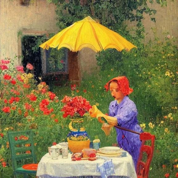 Image similar to a housewife and her daughter putting dishes on a table in the backyard, a tilted parasol sits above the table, a garden with colorful flowers in the background, rainy scene, cozy 1 9 5 0's, medium symmetry, by ilya repin, extreme detail, attention to detail, 8 k, intricate abstract, photorealistic