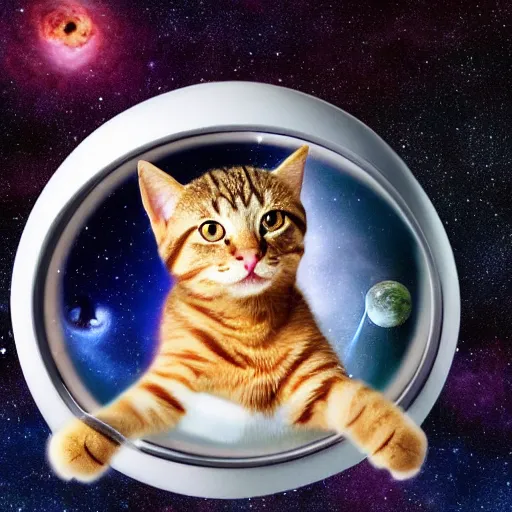 Image similar to cat with astronaut helmet flying over the cosmos, photo