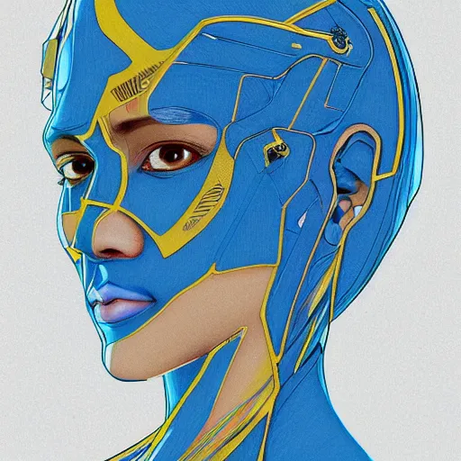 Image similar to symmetry!! portrait of a filipino cute girl blue - yellow hair, nasal strip, cyborg body, intricate, elegant, highly detailed, my rendition, digital painting, artstation, concept art, smooth, sharp focus, illustration, art by artgerm and greg rutkowski and alphonse mucha and uang guangjian and gil elvgren and sachin teng