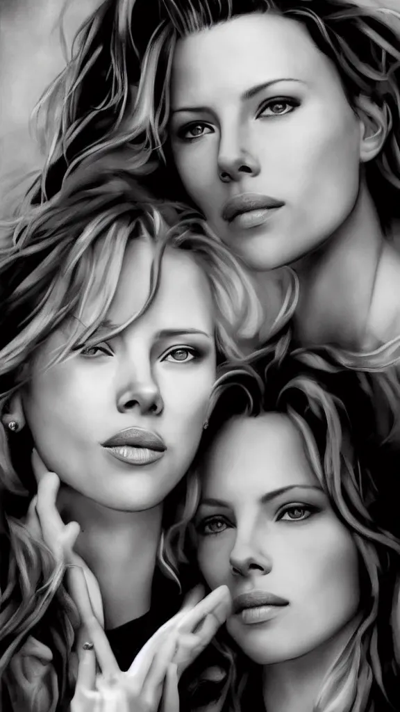 Image similar to shy scarlett johansonn and kate beckinsale poster, grayscale, uniform, photo realistic