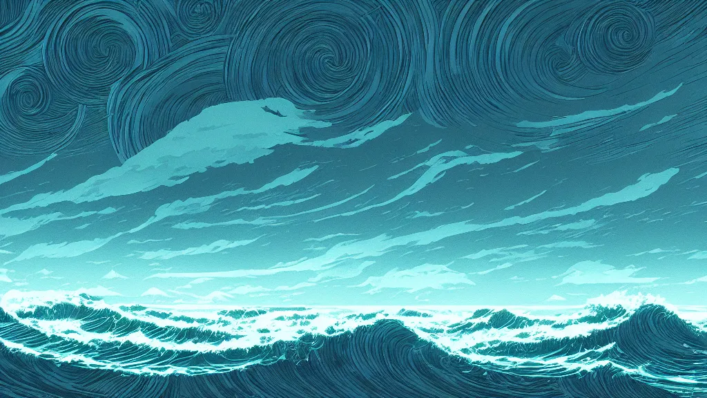 Image similar to highly detailed illustration of high exposure ocean waves at night by makoto shinkai, by nico delort, by dan mumford, by otomo, 4 k resolution