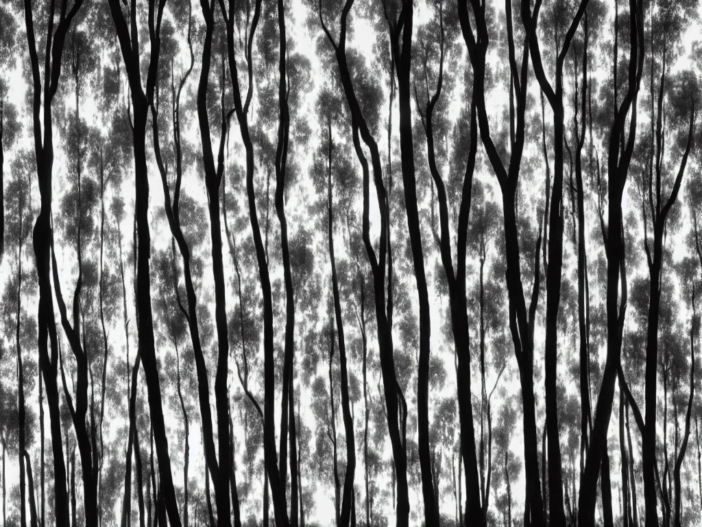 Image similar to double exposure photograph of tens of eucalyptus trees, strong back light, digital glitches, in the style of edward steichen and klee,