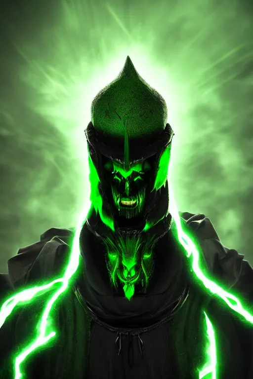 Image similar to character design, dark priest, green lightning, black halo, evil, power, green mist, scary, realistic, 3d, octane render, photorealistic, unreal engine, hellish background