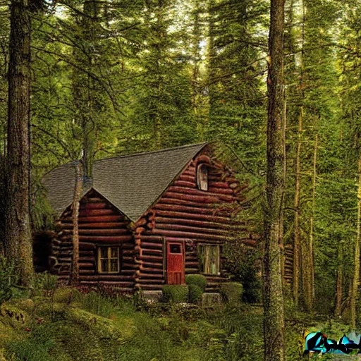 Image similar to a cabin in the woods by james gurney