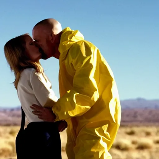 Image similar to a still from breaking bad of Jesse Pinkman kissing Walter White, close-up, highly detailed skin