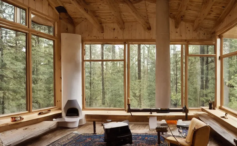 Image similar to rustic modernist cabin living room, large window with a view of a forest, white walls, oak wood timberwork, feng shui, fire place, bohemian, german style, cozy, swedish design
