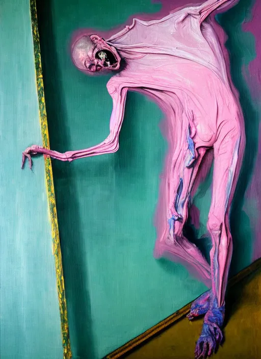 Image similar to an insane, skinny, artist wearing overalls, expressive painting the walls inside a grand messy studio, hauntingly surreal, highly detailed painting by francis bacon, edward hopper, adrian ghenie, gerhard richter, and james jean, soft light 4 k in pink, green and blue colour palette, cinematic composition,