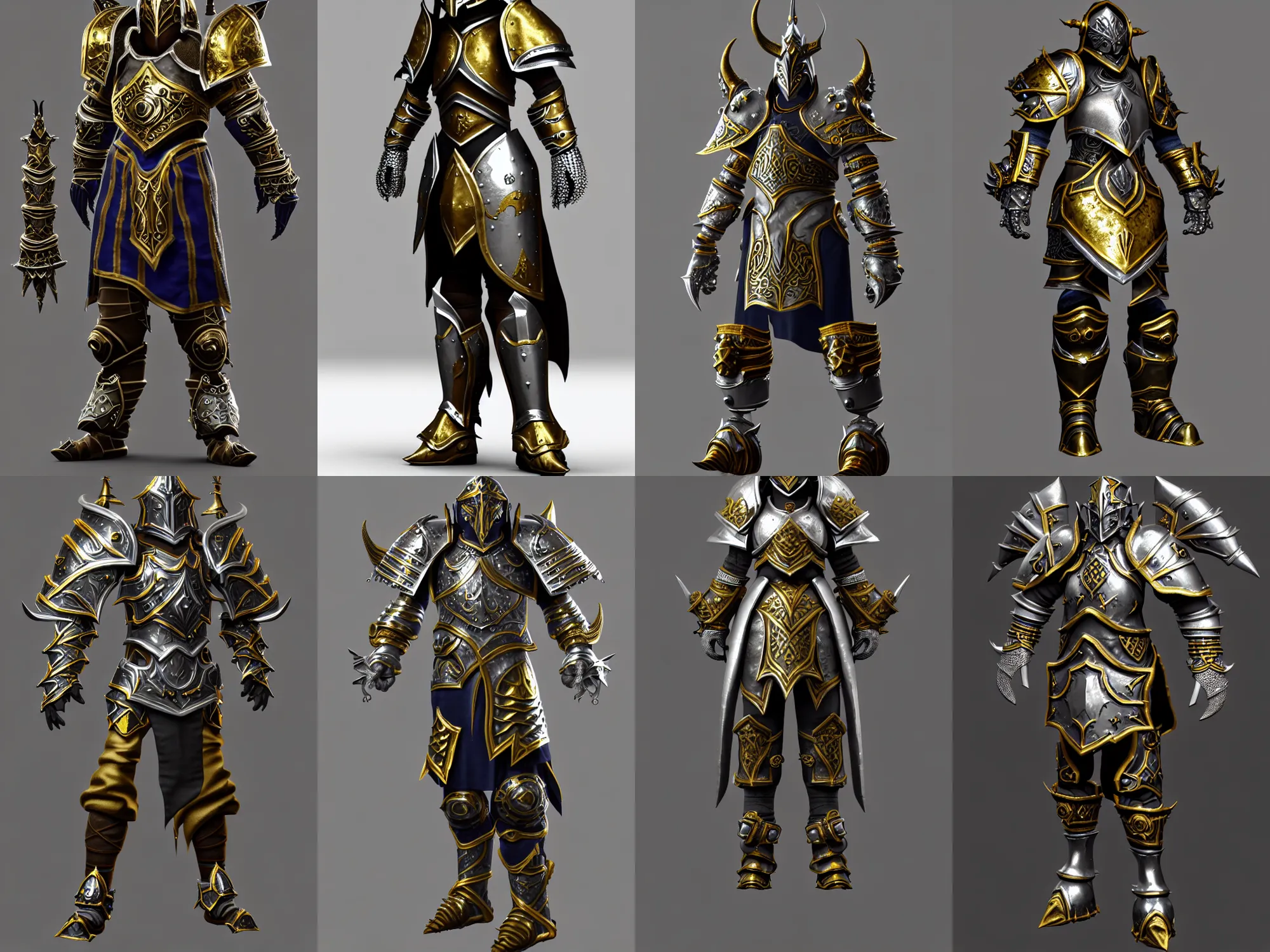 Prompt: render of awesome unusual fantasy armor, silver with gold trim, huge stylized pauldrons, medieval fantasy, extremely clean, extremely exaggerated proportions, warcraft, trending on Artstation, HD Octane render, 8k