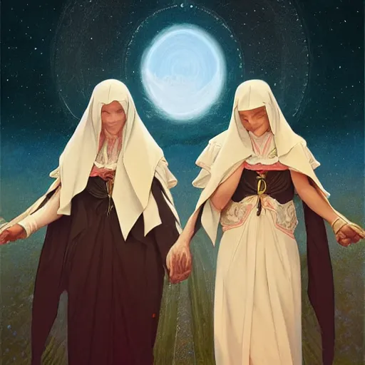 Prompt: two beautiful identical nuns under night sky, intricate, elegant, highly detailed, digital painting, artstation, concept art, smooth, sharp focus, illustration, art by artgerm and greg rutkowski and alphonse mucha, detailed anime art