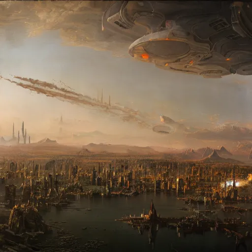 Image similar to A vast planetary sci fi city by Ansel Adams and Bernardo Bellotto, oil on canvas, artstation, dramatic scenery, masterpiece, aesthetic