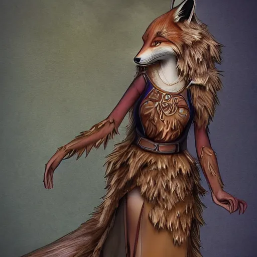 Prompt: anthropomorphic fox woman wearing a fantasy Eleven inspired dress, Fantasy, very detailed, mystical lighting, masterpiece,