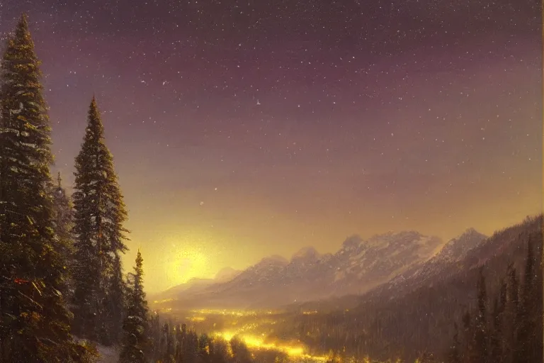 Prompt: mountains, trees, beautiful nature, winter, night, norhtern lights, stars, very detailed, focused, cinematic lighting, oil painting, colorful, canvas, artstation, Sydney Mortimer Laurence, Albert Bierstadt