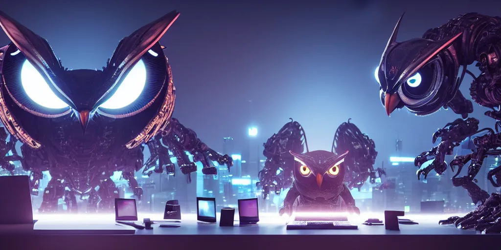 Image similar to an giant evil, malevolent, cyborg owls looking at a computer, surrounded by computer screens. this 4 k hd image is trending on artstation, featured on behance, well - rendered, extra crisp, features intricate detail and the style of unreal engine. volumetric lighting octane render