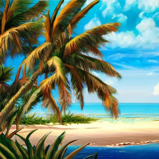 Image similar to A beautiful award winning painting of a tropical beach with palm trees and blue ocean, trending on artstation