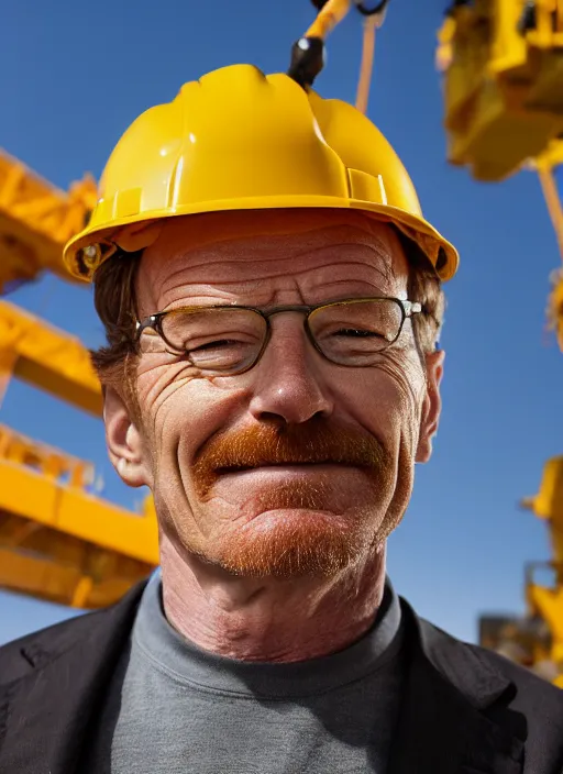 Image similar to closeup portrait of cheerful bryan cranston as a crane operator, yellow hardhat, sitting in a crane, natural light, bloom, detailed face, magazine, press, photo, steve mccurry, david lazar, canon, nikon, focus