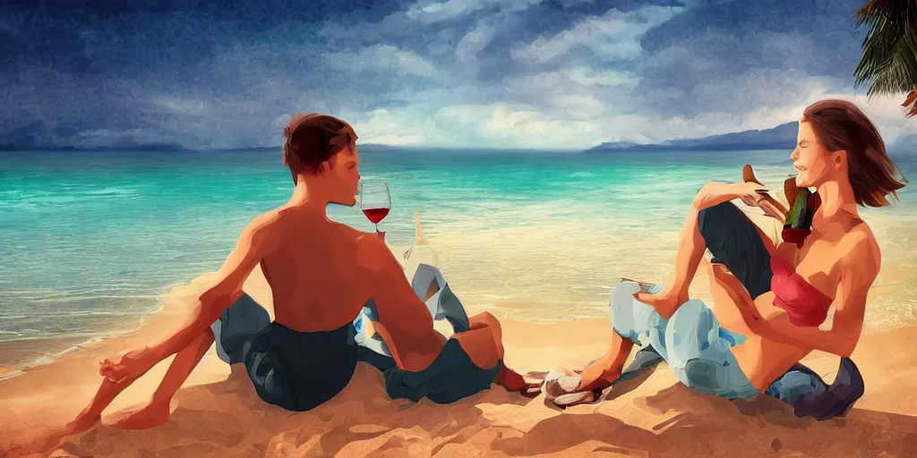 Image similar to one young man and one young woman drinking wine on a beach, beautiful colors, amazing landscape, digital art