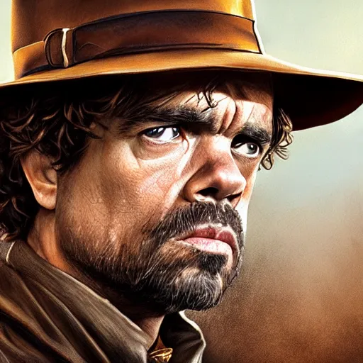 Prompt: peter dinklage as indiana jones, digital painting, extremely detailed, 4 k, intricate, brush strokes, mark arian, artgerm, bastien lecouffe - deharme