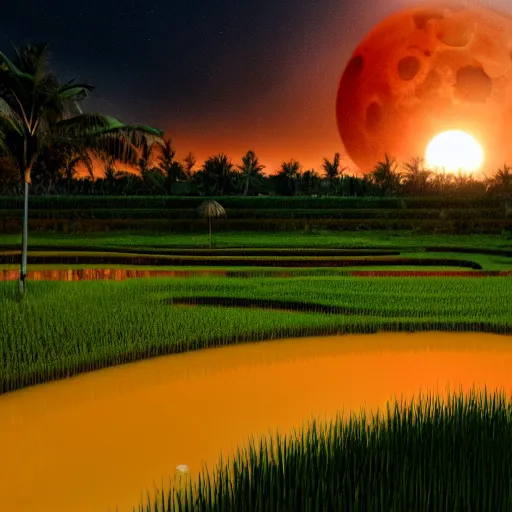 Image similar to A large blood moon rising over a rice paddy in Bali, concept art, matte painting, trending artstation, octane render, plague, apocalyptic 8k
