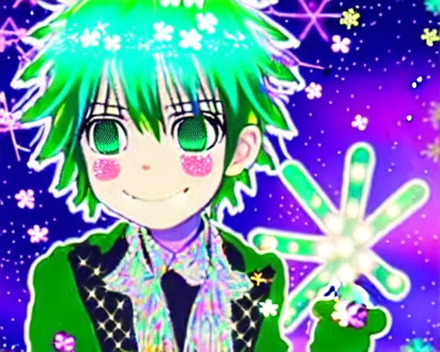 Prompt: a hologram of decora styled green haired yotsuba koiwai wearing a gothic spiked jacket, background full of lucky clovers, crosses, and shinning stars, holography, irridescent