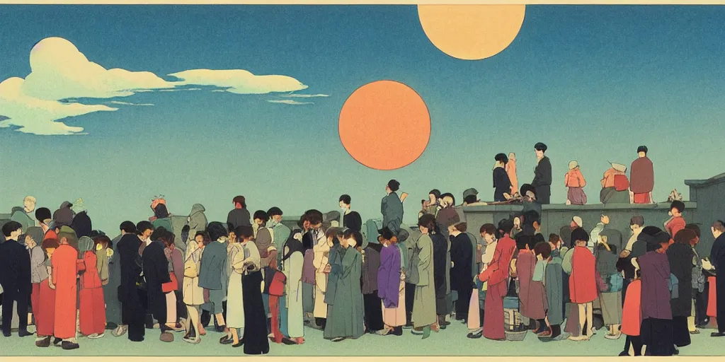 Image similar to a crowd of people looking up at a the sun in the sky, risograph by kawase hasui, edward hopper, satoshi kon and moebius, studio ghibli, no text!, colorful flat surreal design, super - detailed, a lot of tiny details, fullshot