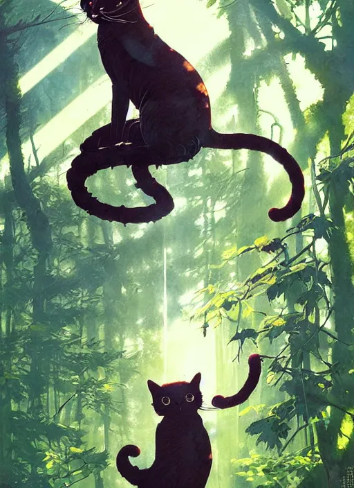 Image similar to a hyper realistic ink cat alien technology and sunbeams blue sky, lush forest foliage painting by chiara bautista and norman rockwell and greg rutkowski weta studio, and lucasfilm