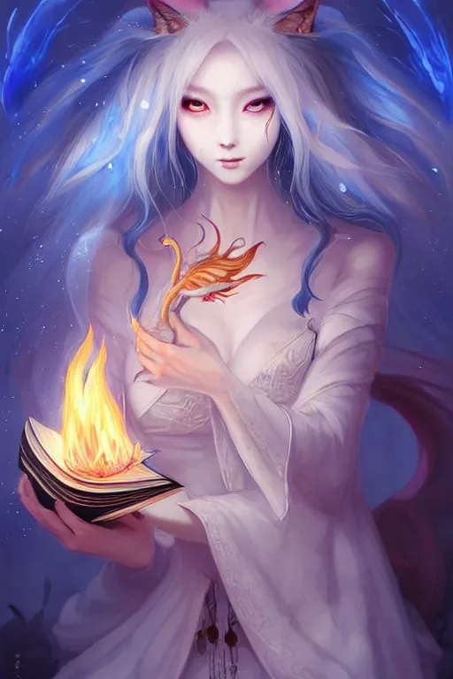 Prompt: gorgeous!!! hyper - realstic kitsune sorceress, holding a tattered magical book, casting a flame spell, blue flames, surrounded by tiny spirits | drawn by wlop, drawn by jeehyung lee, drawn by artgerm | fantasy, dark, intricate, highly detailed, digital painting, character design, concept art, illustration, artstation