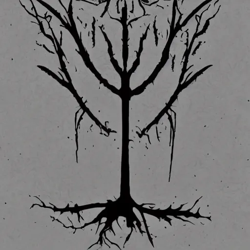 Image similar to black metal band logo, unreadable text, metal font, looks like a tree silhouette, horizontal