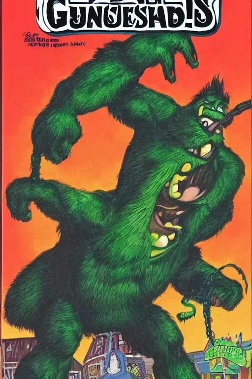 Prompt: Original Goosebumps book cover art of a giant cartoonish monster attacking a theme park