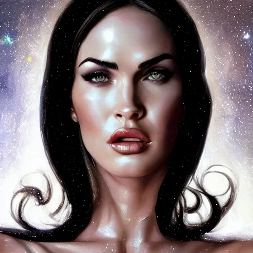 Image similar to portrait of megan fox wearing a black dress with galaxy lights and stars, sultry muscular body, fantasy, intricate, elegant, highly detailed, digital painting, artstation, concept art, matte, sharp focus, perfect face symmetry, illustration, art by aenaluck and roberto ferri and greg rutkowski, epic fantasy, digital painting